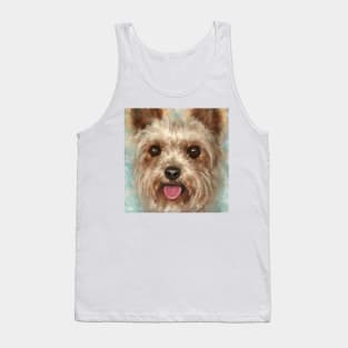 Painting of a Furry Yorkshire Terrier with Its Tongue Out on Cloudy Background Tank Top